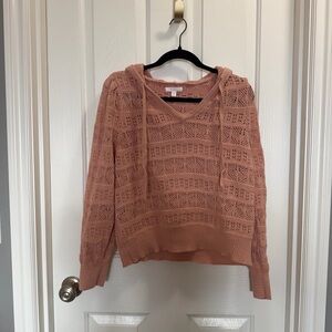 LC Lauren Conrad Dusty Pink Crochet V-Neck Hoodie Sweater